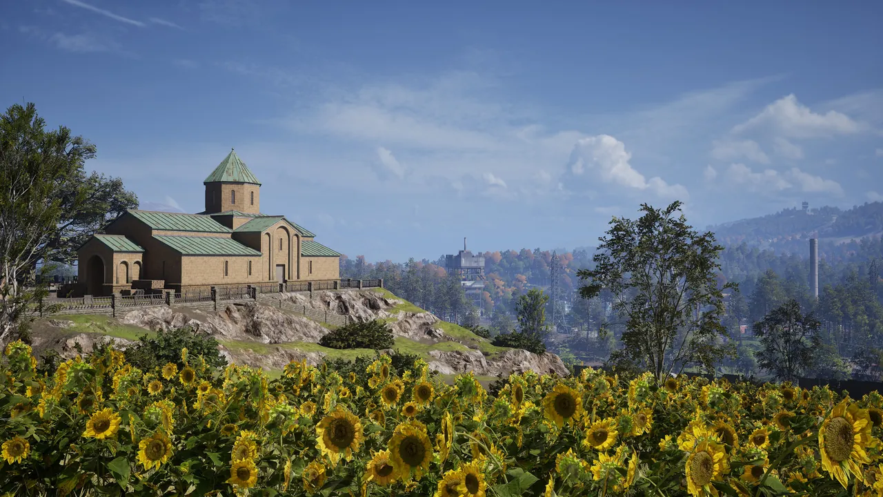 Paysage de Bakurani dans WARDOGS avec une église et un champ de tournesols